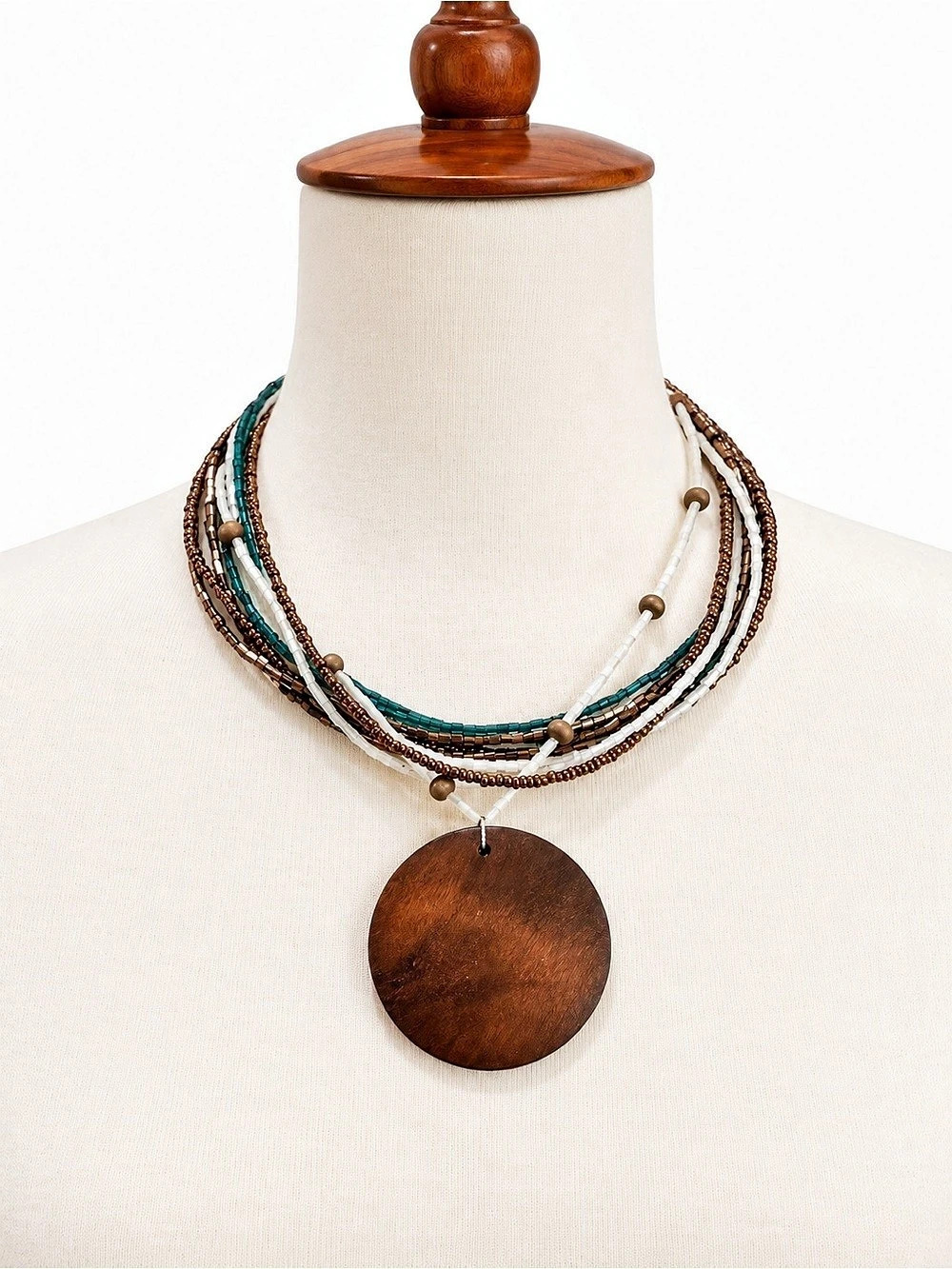 Layered Wood Bead Pendant Necklace in Brown & Blue